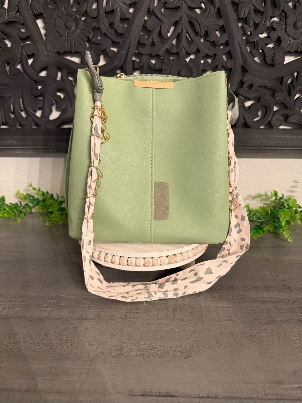 Green Women's Bucket Bag with Patterned Strap